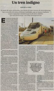 "Un tren Indigno", artículo de Juan de la Cruz en el periódico "Hoy". 